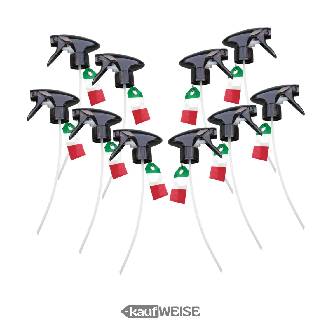Schwarze Sprühflaschen mit italienischen Fahnenetiketten im Set für Zerstäuber