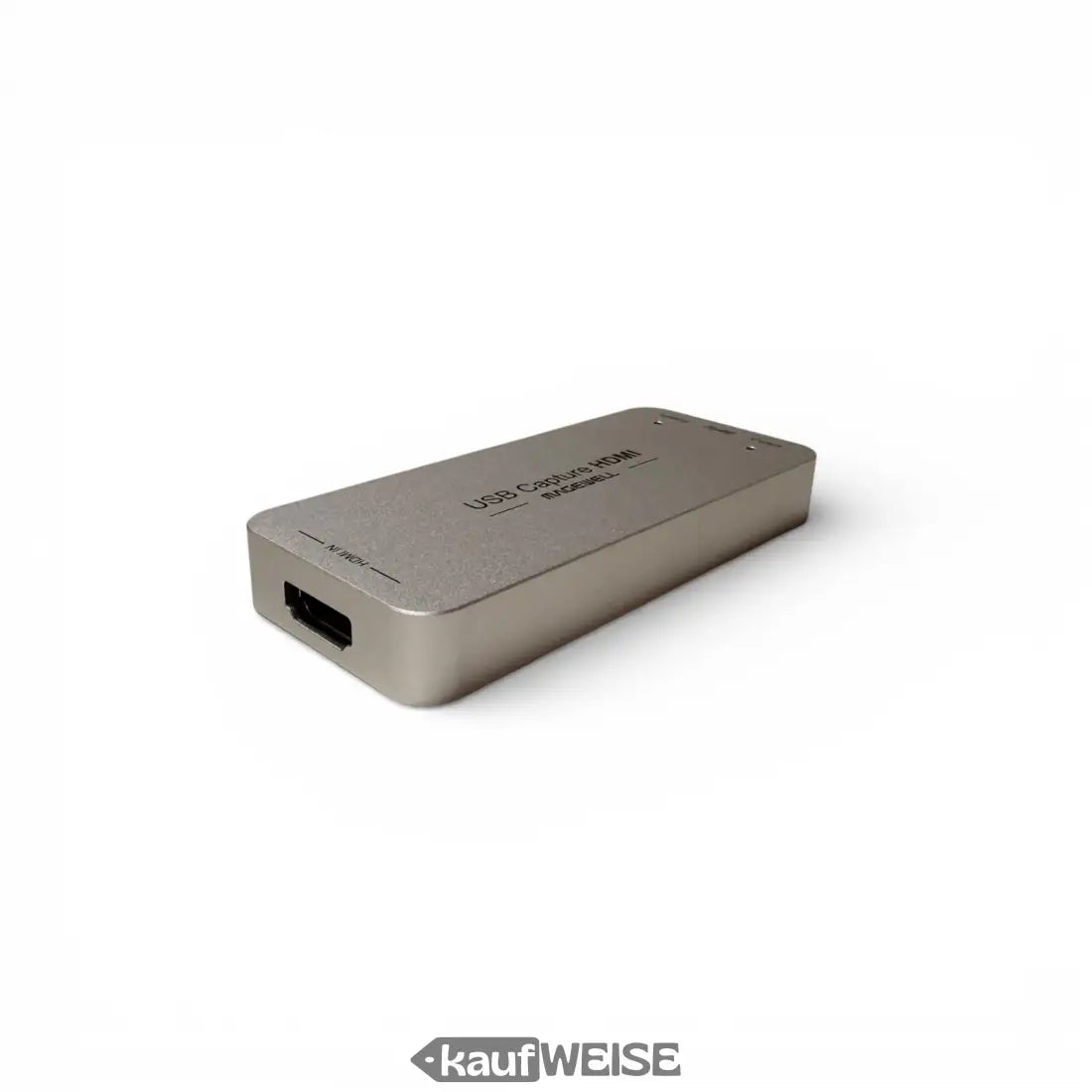 Silberner rechteckiger Magewell USB Capture HDMI Gen 2 Adapter, matt, mit beschrifteten Ports